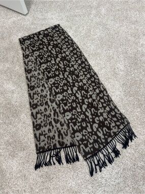 Leopard Print Fringe Scarf - Gray & Brown with Black fringe